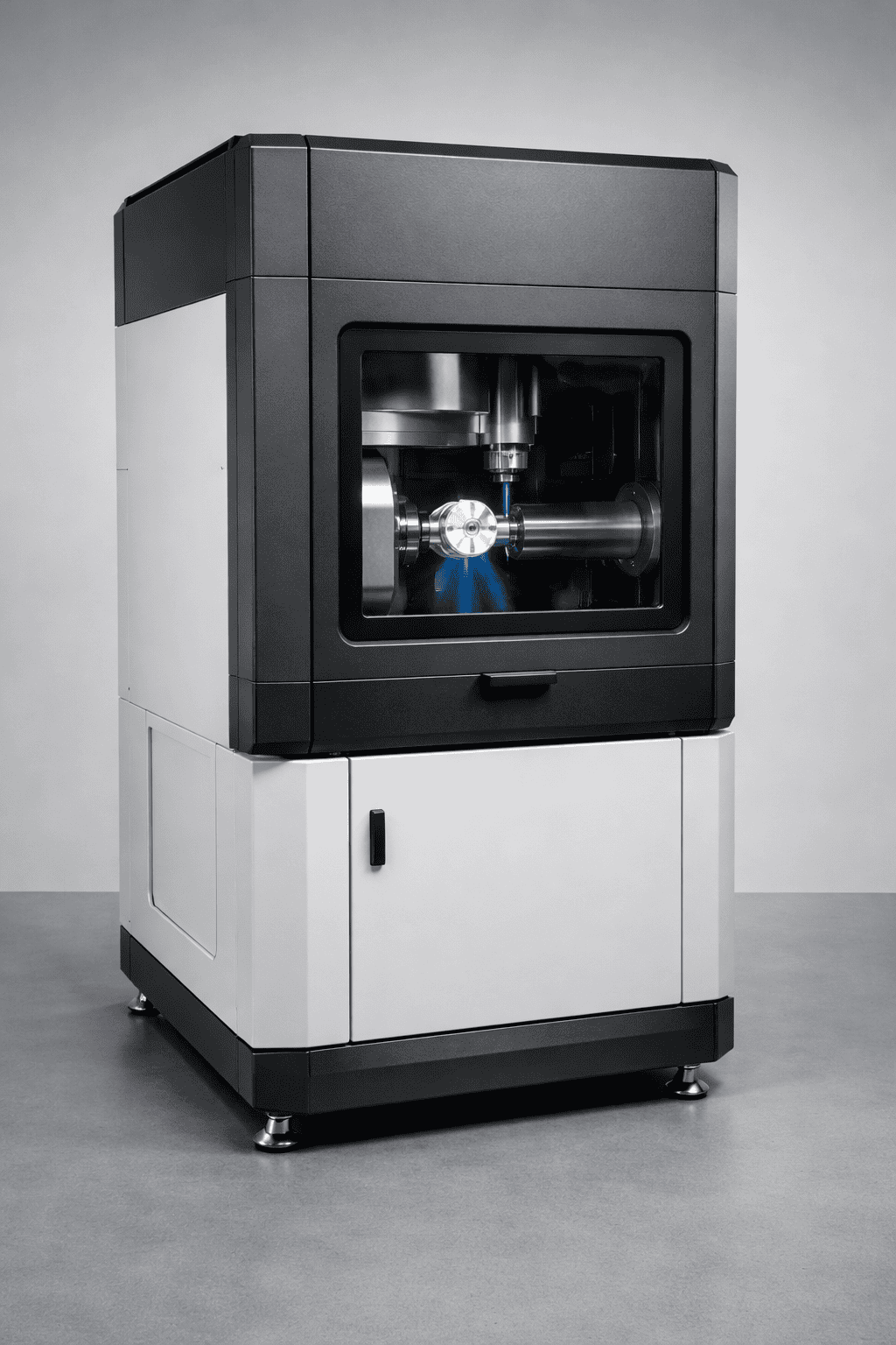 CAD-CAM Dental Digital CNC dental milling machine with enclosed window showing zirconia disc milling process using coolant in a professional lab-grade floor unit